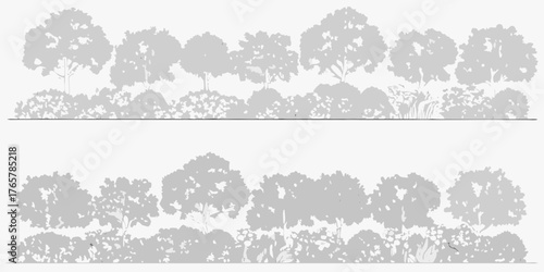 Two rows of stylized grey trees and bushes against a white background with a black line separating them
