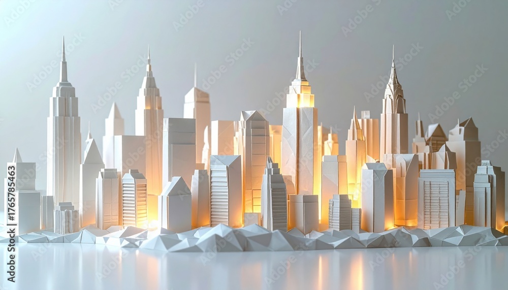 Fototapeta premium Stunning minimalist paper city skyline glows with warm light evoking modern architecture and urban dreams