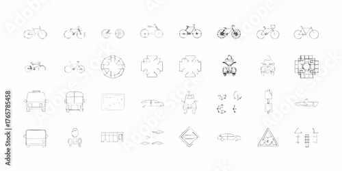 Collection of hand drawn style vehicle icons and transportation symbols in a grid layout