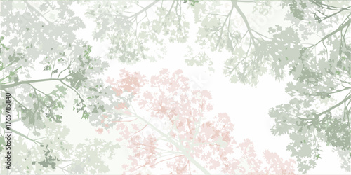 Abstract watercolor painting of delicate tree branches with soft green and pink foliage against a white background