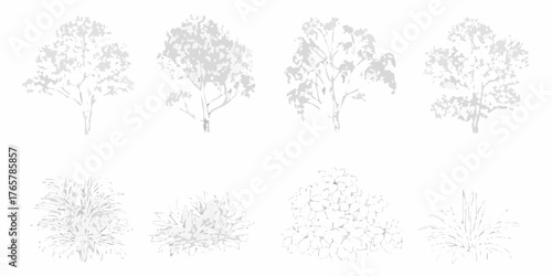 Collection of stylized minimalist trees and bushes in a simple graphic design style