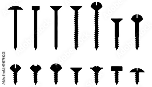 Detailed Silhouette Vector Set of Nails and Screws. Collection of Black Glyphs Representing Various Hardware Fasteners with Different Heads and Shanks for Construction, Carpentry, and DIY Projects.