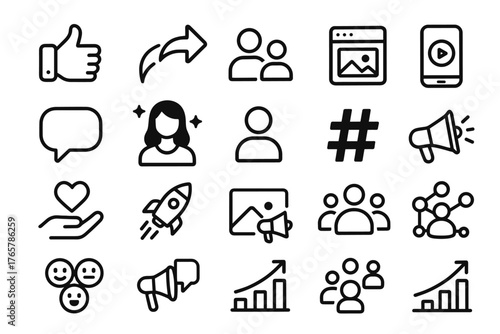 A set of monochrome line icons on the theme of social networks, marketing, and digital growth. Black and white outline icons, ideal for UI/UX, web design, and SMM.