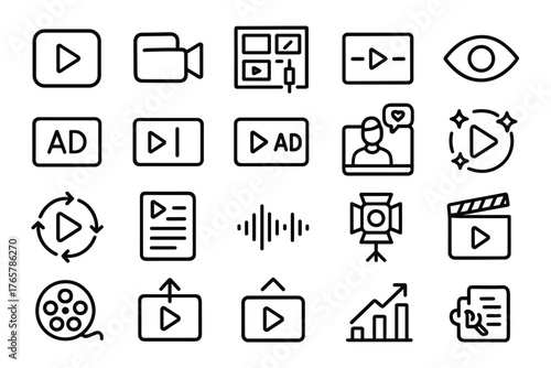 A set of line art icons related to video, advertising, streaming, and content. Designed in a minimalist style, they are ideal for UI/UX design, websites, applications, or presentations.