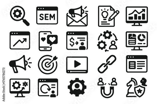 A set of linear icons for digital marketing, SEO, and online business. Professional minimalist style — perfect for web design, landing pages, marketing platforms, and analytics!
