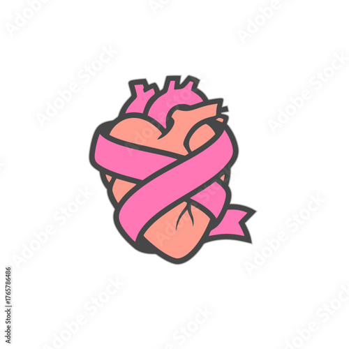 Heart With Pink Ribbon Emblem Symbolizing Love, Health, Awareness, Support, And Unity