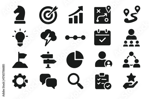 A set of icons representing various aspects of business, planning, and success. All icons are designed in black and white.