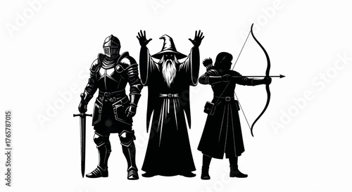 Fantasy adventure team with a knight, wizard, and archer. Black and white silhouette vector illustration. RPG character classes for a logo or emblem design