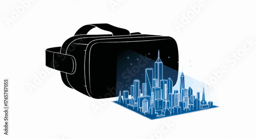 Virtual reality headset projecting a digital city. Metaverse and futuristic technology concept. Holographic blueprint style vector illustration