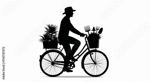 Gardener riding a bicycle with plants and tools silhouette. Vector illustration of a person on a bike. Sustainable living and hobby concept