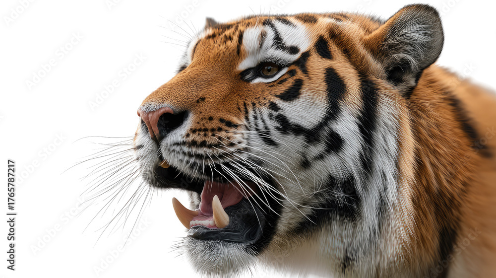 Obraz premium Roaring Tiger's Gaze: The fierce tiger, with its striking orange and black stripes, opens its mouth in a powerful roar. Its piercing gaze focuses on a singular point.