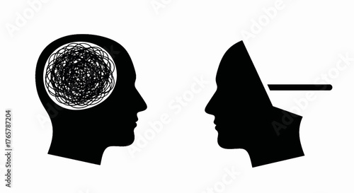 Mental health and psychology concept illustration. Silhouette of a confused mind and therapy communication. Minimalist black and white vector graphic