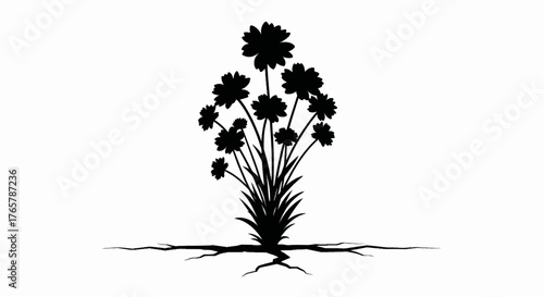Silhouette of a flower with roots vector illustration. Minimalist botanical plant graphic. Nature and growth symbol isolated on white background
