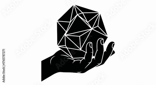A hand holding a complex geometric polyhedron. Black and white vector illustration. Abstract symbol for science, technology, and knowledge