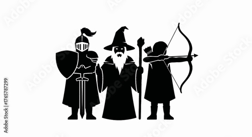 Fantasy adventuring party with a knight, wizard, and archer. Black and white silhouette vector illustration. RPG character classes icon for gaming