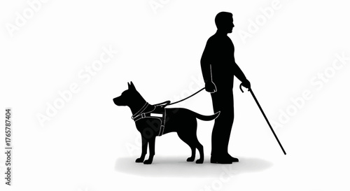 Silhouette of a blind man with a guide dog. Vector icon representing disability, visual impairment, and accessibility. Illustration of a person with a service animal and cane