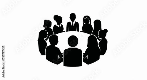 Silhouette icon of a group meeting around a table. Teamwork, collaboration, and roundtable discussion concept. Minimalist flat design vector illustration