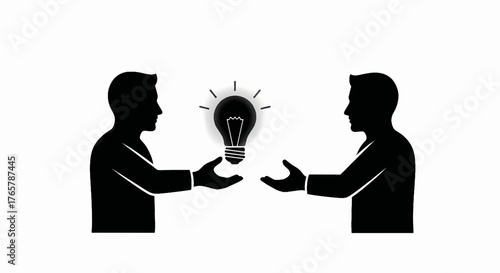 Two men sharing a lightbulb idea. Business collaboration and knowledge transfer concept. Minimalist silhouette vector illustration
