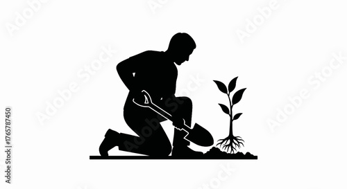 Silhouette of a person planting a tree with a shovel. Gardening, growth, and environmental conservation concept. Minimalist black vector icon illustration.