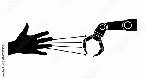 Human hand connecting with a robotic arm. Minimalist vector illustration of AI and technology. Concept of future human-machine collaboration