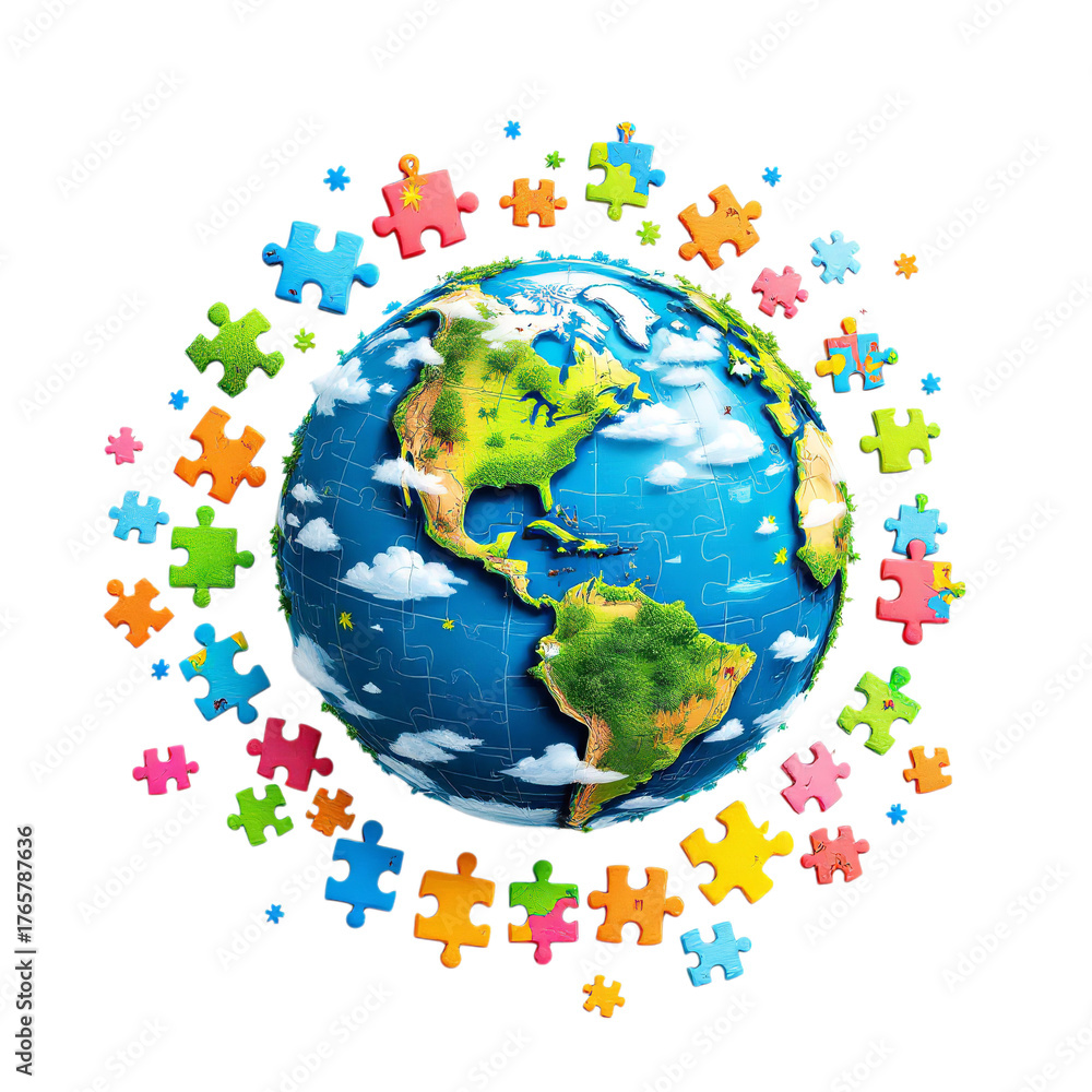 Fototapeta premium 3D Globe with Colorful Puzzle Pieces Symbolizing Global Unity on White Background