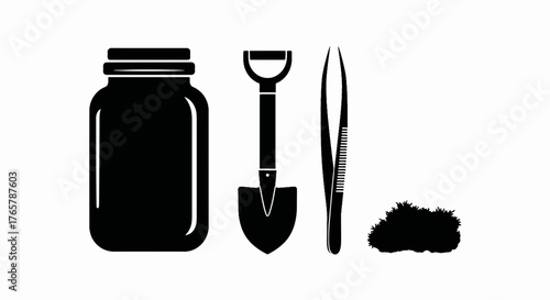 Terrarium tool kit icon set. Black silhouette vector illustration of gardening tools. DIY hobby concept with jar, shovel, tweezers, and moss.