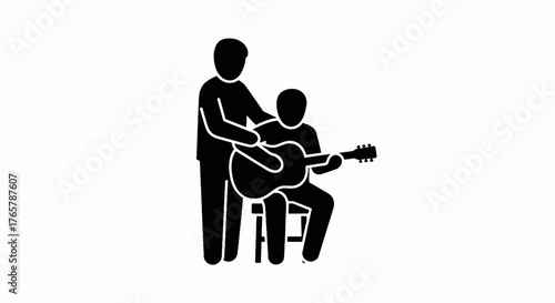 Guitar lesson glyph icon. Teacher instructing a student playing an acoustic guitar. Music education and mentorship concept vector illustration