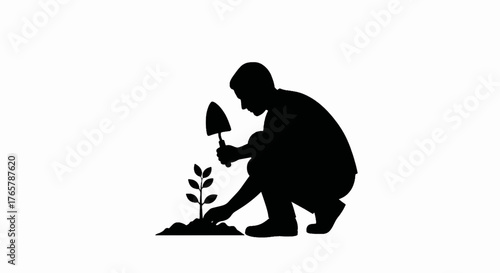 Silhouette of a person planting a tree. Gardening and environmental conservation concept. Minimalist black vector icon isolated on white background