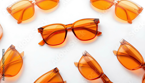 Banner with a set of orange sunglasses. Background with orange sunglasses.