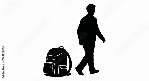 Silhouette of a man walking away from a backpack. Vector illustration for travel, journey, or leaving concepts. Simple black and white graphic icon