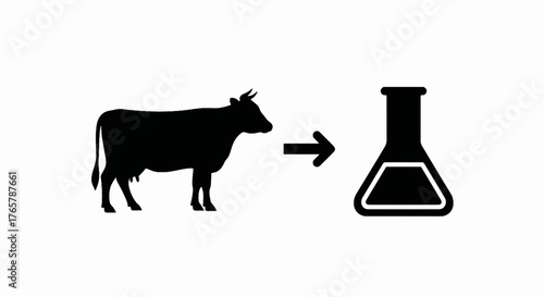 Concept of cellular agriculture and lab-grown meat. Vector icon showing a cow transforming into a lab product. Flat design illustration for food technology and biotechnology