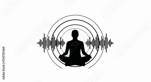 Meditating person silhouette with sound wave vector icon. Yoga, wellness, and spiritual healing concept. Minimalist graphic of frequency and vibration