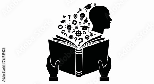 A conceptual illustration of knowledge and learning from a book. Silhouette vector graphic with idea, education, and thinking icons. The power of reading for intellectual growth
