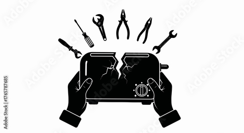 Hands holding a broken toaster with repair tools. Appliance maintenance and malfunction concept. Flat silhouette vector illustration