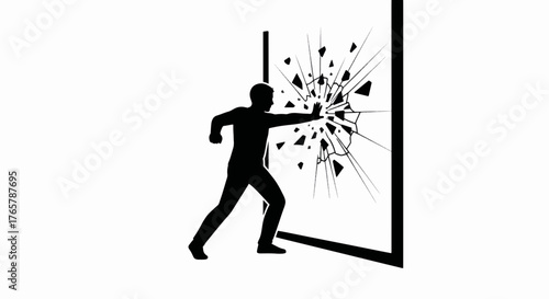 Silhouette of a man breaking a glass barrier. Vector icon for breakthrough, strength, and overcoming obstacles. Minimalist conceptual illustration