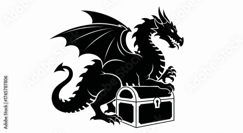 Fantasy dragon silhouette guarding a treasure chest. Mythical creature vector icon for a logo or emblem. Black and white stencil style illustration