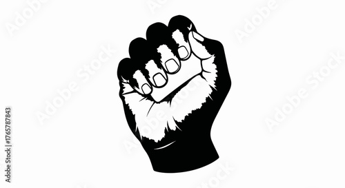 A black and white vector illustration of a clenched fist. Symbol of protest, power, and solidarity. Graphic design element for activism and human rights