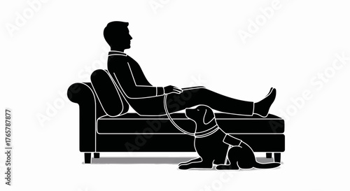 A silhouette illustration of a man on a therapy couch with his service dog. Mental health and assistance animal concept. Minimalist black and white vector graphic