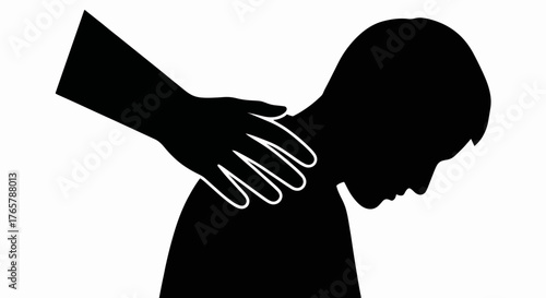 A supportive hand on a person's shoulder silhouette. Vector icon representing comfort, empathy, and grief. Minimalist flat design illustration