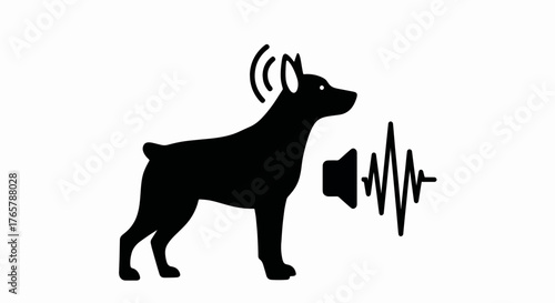 Anti-barking device icon with a dog silhouette. Sound wave and frequency concept for pet training. Minimalist flat vector illustration