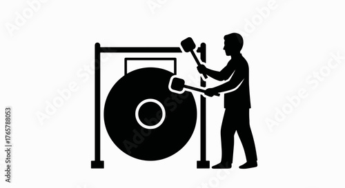Silhouette icon of a person hitting a gong. Business announcement and success concept. Minimalist flat vector illustration