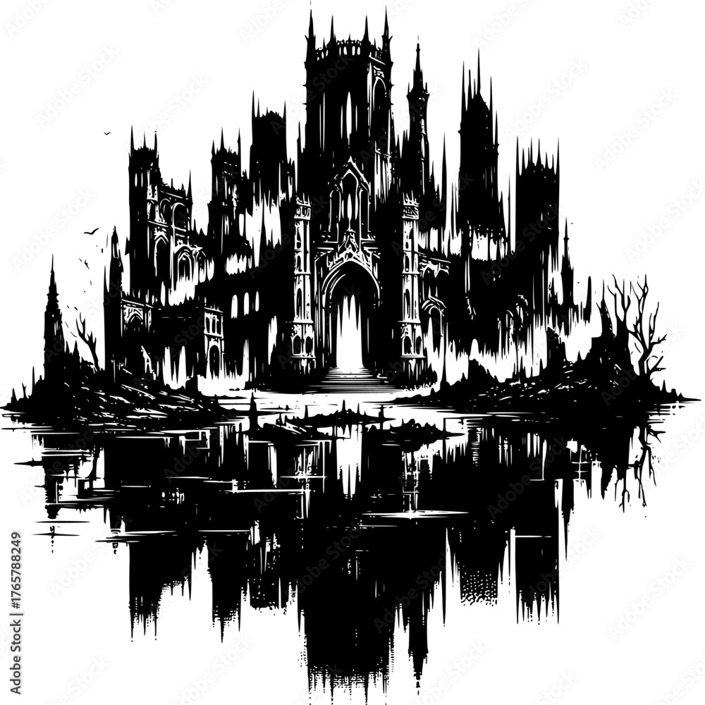 Naklejka premium Gothic Cathedral's Reflection: A majestic Gothic cathedral stands proudly, its intricate architecture mirrored in the still water below, exuding an aura of mystery and historical grandeur.
