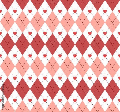 Classic argyle design with pink, white, and red diamonds and red hearts on white diamonds used for textiles, wrapping paper, or other decorative purposes.