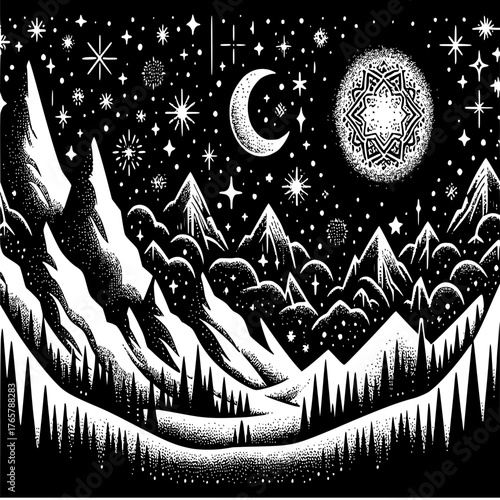Celestial Mountainscape: A monochrome artwork depicts a serene mountain range under a starry night sky, with a crescent moon and a radiant celestial body, capturing the ethereal beauty of the cosmos.