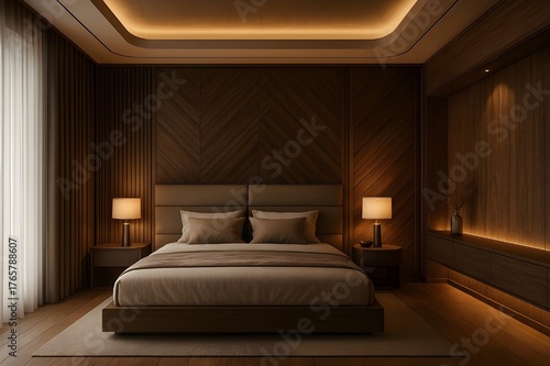Elegant bedroom design featuring rich dark wood paneling, warm cove lighting, and a minimalist neutral-toned king bed.
