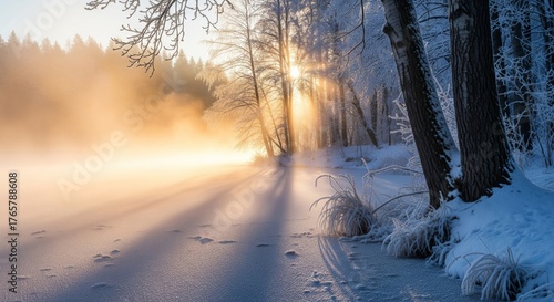 Sunlit Winter Landscape with Snow Covered Trees and Ground in Rovaniemi Finland
