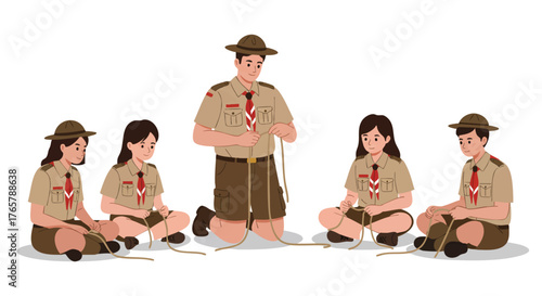 scout leader teaching knot-tying technique to students. 