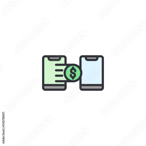 Flat design of two smartphones exchanging currency, symbolizing peer-to-peer transfer, decentralized finance app, and crypto transaction process.