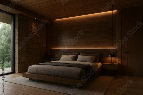 Minimalist and Rustic Modern Bedroom Design with Wood Slats, Stone Wall, Ambient Lighting, and Forest View