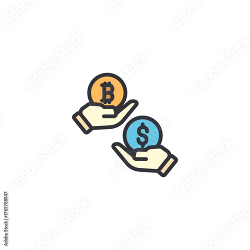 Vector of hands holding crypto coin, symbolizing investment growth, De-Fi earning, cryptocurrency staking, and blockchain rewards.